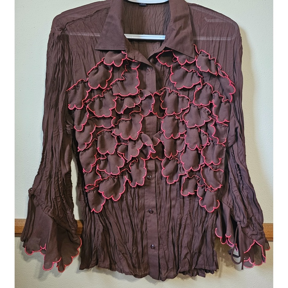 Vintage Piano Brown Pleated Blouse Size Large